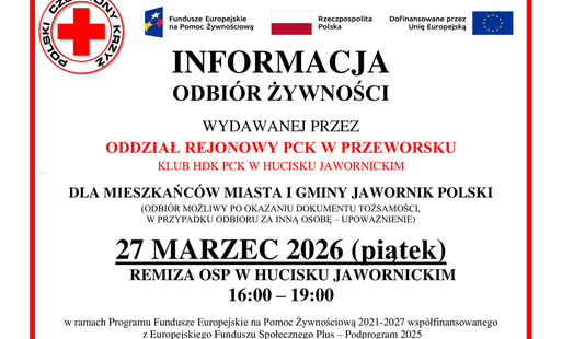Plakat z informacja: Informacja o wydawaniu żywności w ramach programu Fundusze Europejskie na Pomoc Żywnościową 2021–2027, współfinansowanego z Europejskiego Funduszu Społecznego Plus – Podprogram 2025. Prośba o poinformowanie osób zakwalifikowanych do p