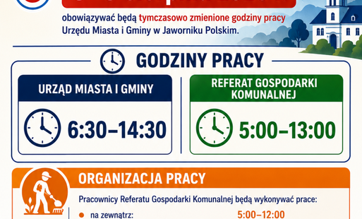 Zdjęcie do Tymczasowa zmiana godzin pracy Urzędu Miasta i Gminy w Jaworniku Polskim