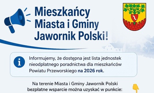lista jednostek nieodpłatnego poradnictwa dla mieszkańców Powiatu Przeworskiego na 2026 rok - plakat z informacją 