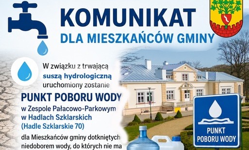 Grafika informacyjna gminy o uruchomieniu punktu poboru wody w Zespole Pałacowo‑Parkowym w Hadlach Szklarskich dla mieszkańców dotkniętych niedoborem wody, z podanym numerem telefonu do zgłoszeń oraz prośbą o przekazanie informacji osobom potrzebującym ws