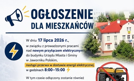 Grafika informacyjna w formie oficjalnego komunikatu dla mieszkańców. U góry znajduje się duży nagłówek „Ogłoszenie dla Mieszkańców” z ikoną megafonu. Po prawej widoczny jest budynek Urzędu Miasta i Gminy z polską flagą. Treść informuje, że 17 lipca 2026 