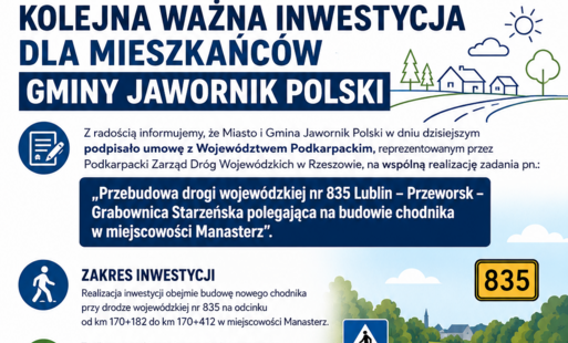 Infografika informująca o podpisaniu umowy na budowę chodnika w miejscowości Manasterz przy drodze wojewódzkiej nr 835. Po lewej stronie znajdują się sekcje z opisem inwestycji, zakresem prac, finansowaniem oraz korzyściami dla mieszkańców. Wyróżniono kwo