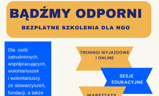Plakat informacyjny o bezpłatnych szkoleniach i warsztatach ‘Bądźmy odporni’ organizowanych przez Fundację SOS Życie i Stowarzyszenie EKOSKOP w ramach Funduszy Europejskich dla Podkarpacia