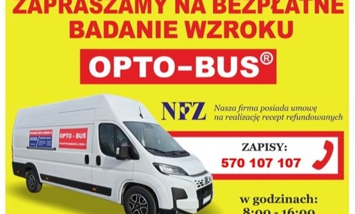 Plakat informujący o bezpłatnym badaniu wzroku organizowanym przez OPTO-BUS w Jaworniku Polskim. Badanie odbędzie się 1 września 2026 r. (wtorek) w godzinach 16:00–17:00 na parkingu przy Ośrodku Zdrowia. Na plakacie znajduje się zdjęcie mobilnego gabinetu