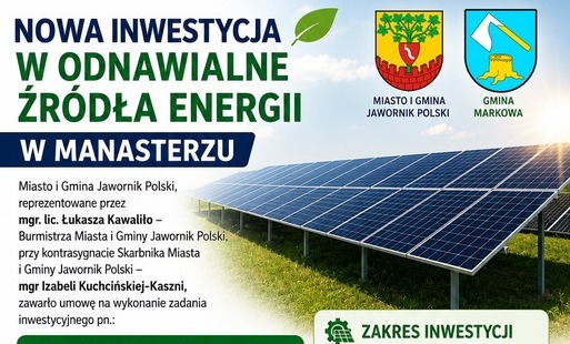 Grafika informacyjna Miasta i Gminy Jawornik Polski dotycząca nowej inwestycji w odnawialne źródła energii w Manasterzu. W tle widoczna jest instalacja fotowoltaiczna na terenie zielonym, bez budynków. Grafika informuje o dostawie i montażu instalacji fot