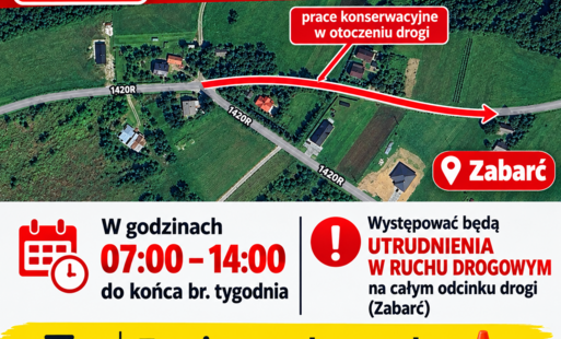 Mapa satelitarna drogi w miejscowości Zabarć. Czerwonym kolorem i strzałką w prawo zaznaczono odcinek drogi objęty pracami komunalnymi i drogowymi. Droga może być czasowo zamknięta w godzinach 7:00–14:00 do końca bieżącego tygodnia.