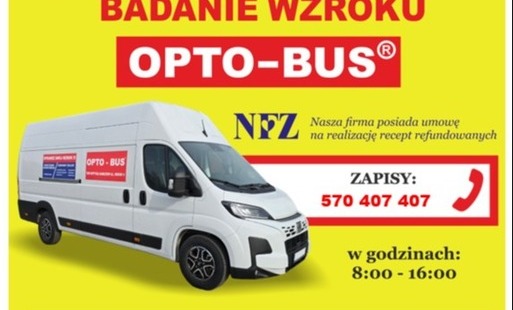 Plakat informujący o bezpłatnym badaniu wzroku w Jaworniku Polskim, które odbędzie się 17 listopada 2026 r. (wtorek) w godzinach 14:00–15:00 na parkingu przy Ośrodku Zdrowia. Badania przeprowadzi mobilny gabinet OPTO-BUS. Oferta obejmuje badanie wad wzroku, dobór szkieł i opraw okularowych oraz możliwość zakupu okularów progresywnych. Badania dla osób powyżej 15. roku życia. Zapisy pod numerem telefonu 570 407 407, w godzinach 8:00–16:00.