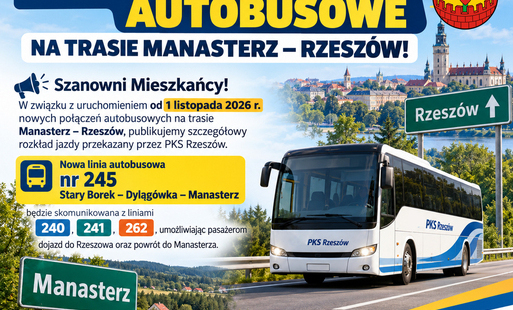 Grafika informacyjna dotycząca uruchomienia od 1 listopada 2026 r. nowych połączeń autobusowych na trasie Manasterz – Rzeszów. Przedstawia autobus PKS Rzeszów, drogowskazy z nazwami miejscowości oraz krajobraz. Nowa linia nr 245 Stary Borek – Dylągówka – Manasterz będzie skomunikowana z liniami 240, 241 i 262. Szczegółowy rozkład jazdy przekazany przez PKS Rzeszów dostępny jest w treści komunikatu