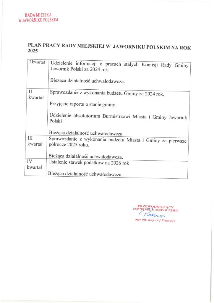 Na stronie Biuletynu Informacji Publicznej (BIP) w Jaworniku Polskim został zamieszczony plan pracy Rady Miejskiej na 2025 rok. Plan Pracy Rady Miejskiej na 2025 rok: Polski za 2024 rok. II kwartał: Sprawozdanie z wykonania budżetu gminy za 2024 rok. Przyjęcie raportu o stanie gminy. Udzielenie absolutorium Burmistrzowi.